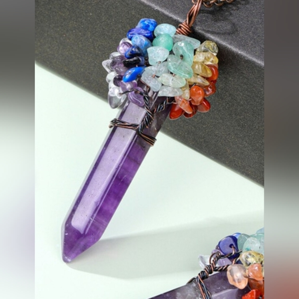 Natural Amethyst Healing Crystal Pendant, Copper Wire Wrapped Tree Of Life